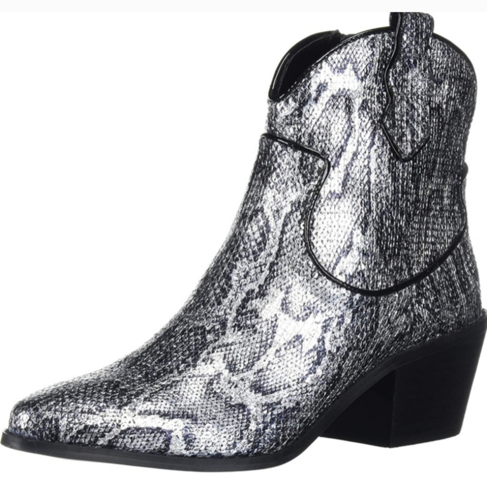 Betsey Johnson Black and Silver Faux Snake Print Ankle Boots Size 6 With 2" Heel